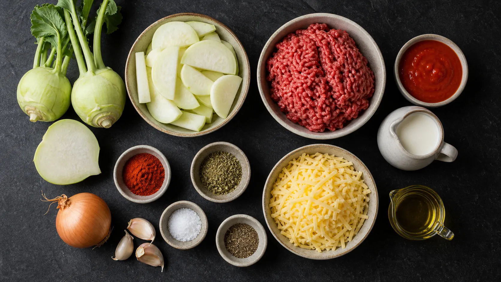 Zutaten für Keto-Kohlrabi-Hackfleisch-Auflauf: Kohlrabi, Rinderhackfleisch, passierte Tomaten, Sahne und geriebener Käse
