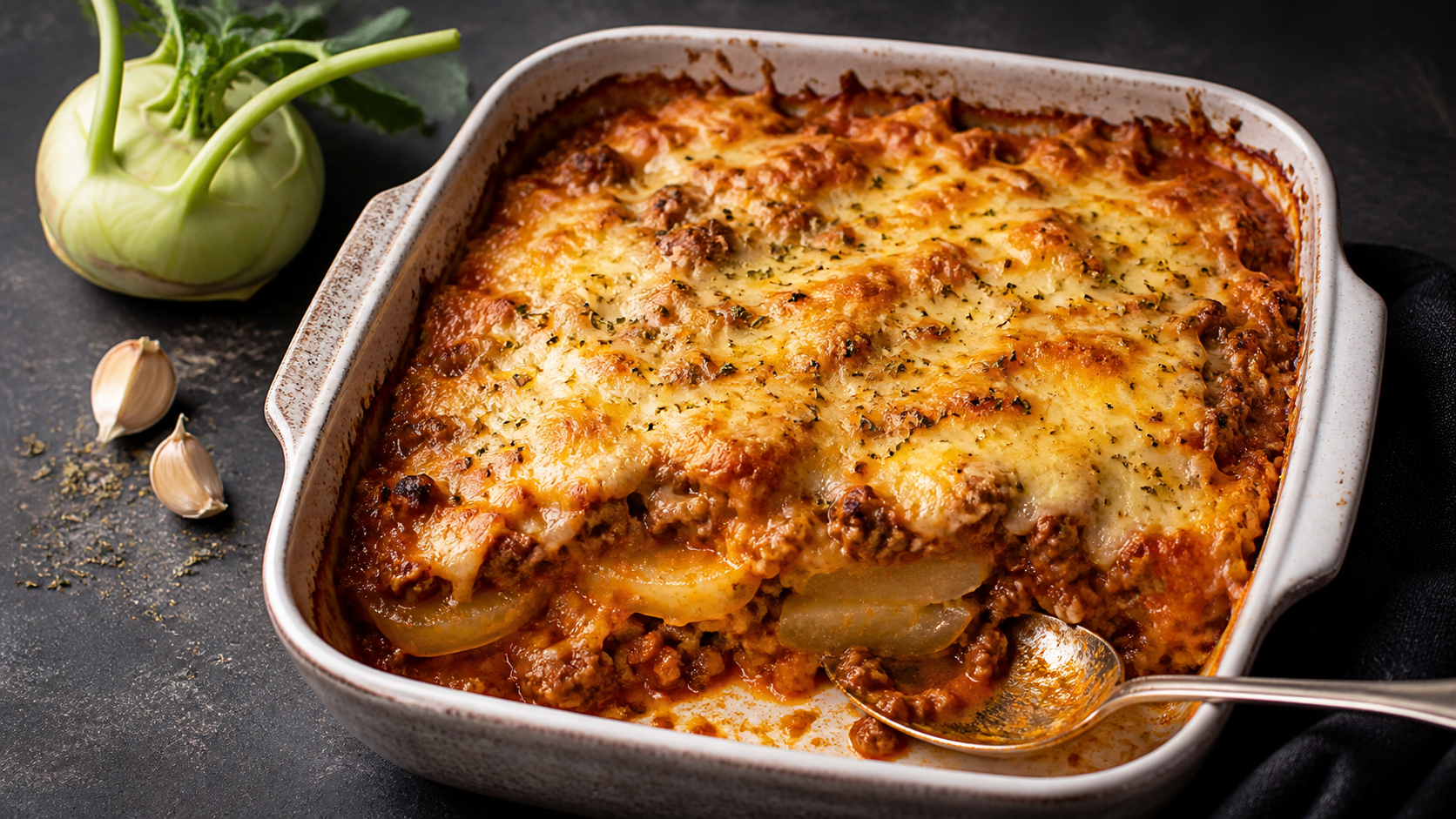 Goldbraun überbackener Keto-Kohlrabi-Hackfleisch-Auflauf mit geschmolzenem Käse in einer Auflaufform