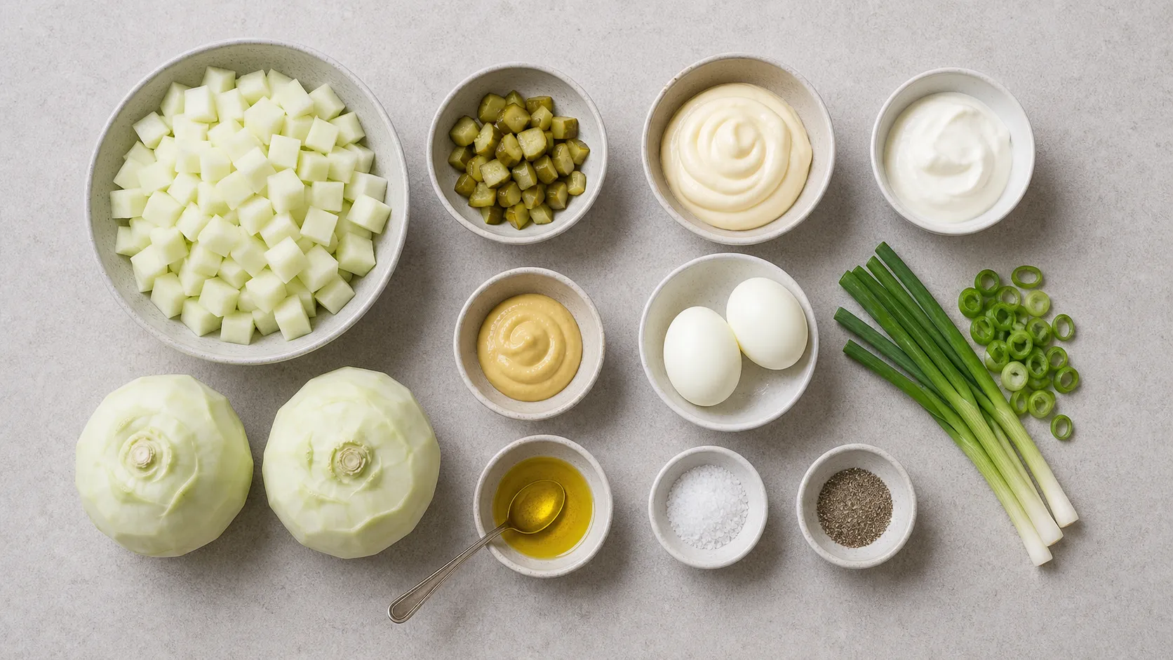 Zutaten für Keto-Kohlrabi-Kartoffelsalat: Kohlrabi, Eier, Essiggurken, Frühlingszwiebeln, Mayonnaise, Schmand und Senf