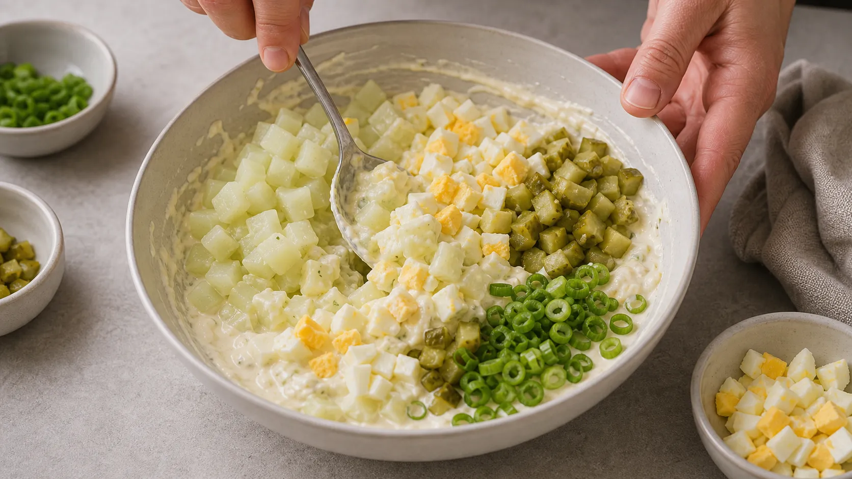 Kohlrabiwürfel, Ei, Essiggurken und Frühlingszwiebeln werden mit cremigem Dressing vermischt
