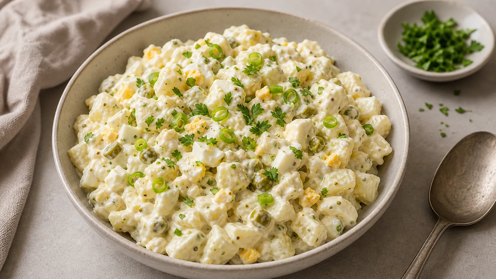 Cremiger Keto-Kartoffelsalat aus Kohlrabi mit Ei, Essiggurken, Frühlingszwiebeln und Senf-Mayonnaise