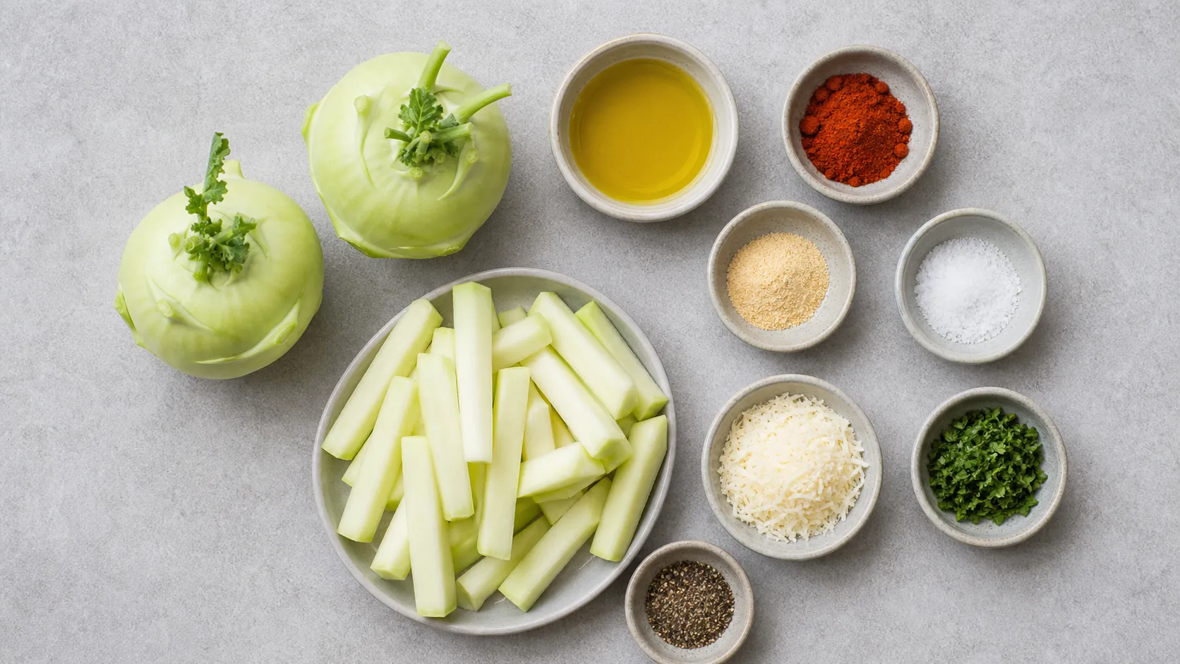 Zutaten für Keto-Kohlrabi-Pommes: Kohlrabi, Olivenöl, Paprikapulver, Knoblauchpulver, Parmesan, Salz und Petersilie