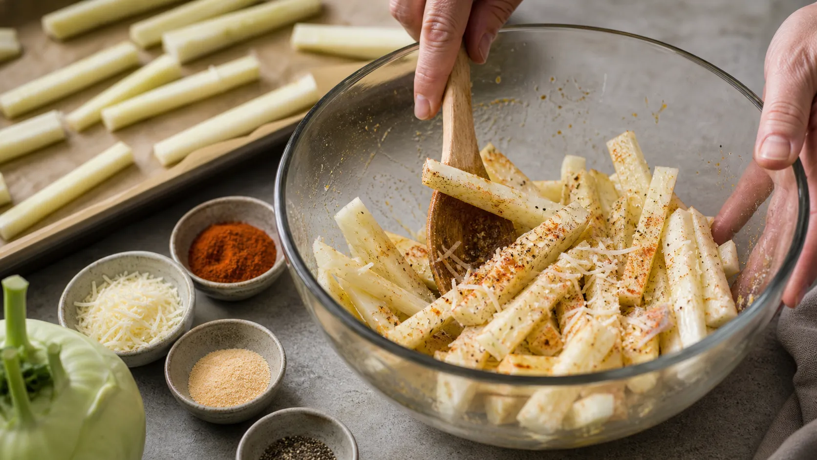 Kohlrabi-Sticks werden mit Olivenöl, Paprika, Knoblauchpulver und Parmesan in einer Schüssel vermengt