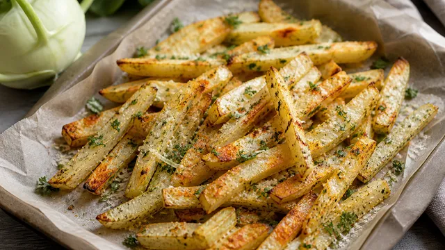 Goldbraune Keto-Kohlrabi-Pommes aus dem Ofen mit Parmesan und Petersilie auf Backpapier