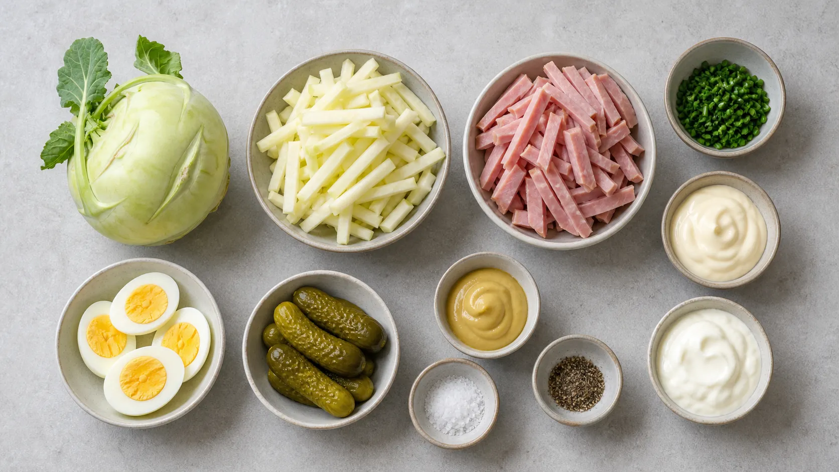 Zutaten für Keto-Kohlrabi-Schinken-Salat: Kohlrabi, gekochter Schinken, Eier, Gewürzgurken und Senf
