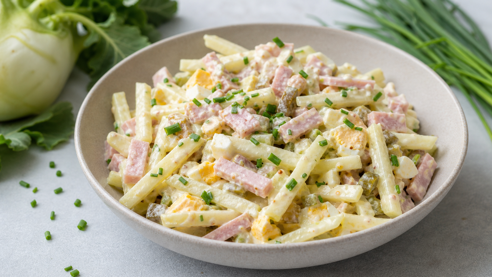 Keto-Kohlrabi-Schinken-Salat mit Eistücken, Gewürzgurke und cremigem Senfdressing in einer Schüssel