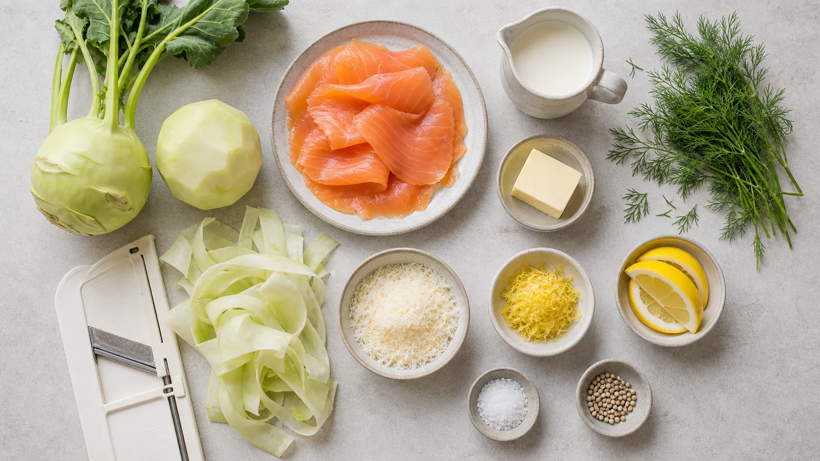 Zutaten für Keto Kohlrabi-Tagliatelle: Kohlrabi, Räucherlachs, Sahne, Butter, frischer Dill und Zitrone