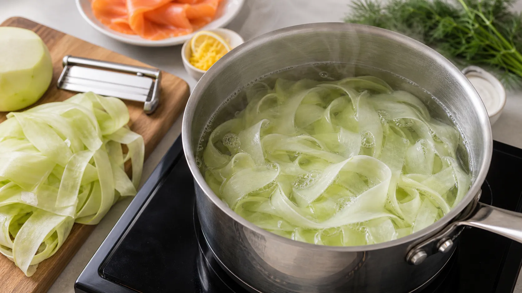 Dünne Kohlrabi-Streifen werden in kochendem Wasser blanchiert, daneben ein Mandolin-Hobel auf einem Schneidebrett