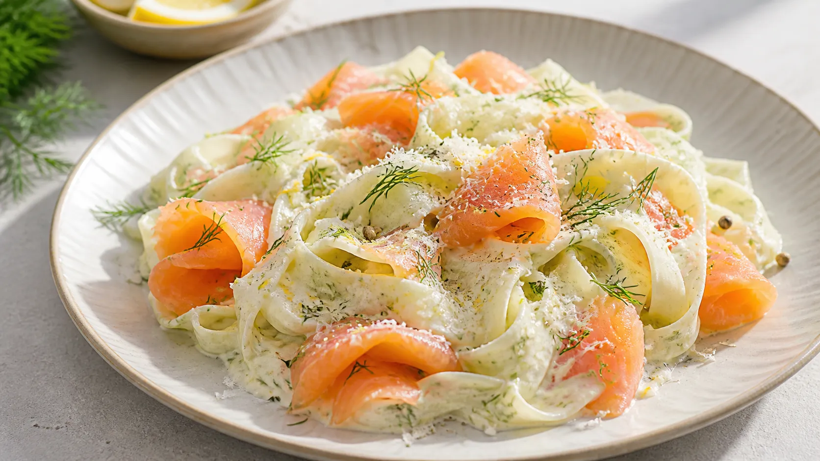 Keto Kohlrabi-Tagliatelle mit Räucherlachs auf einem hellen Teller: dünne Kohlrabi-Streifen mit cremiger Dillsahne und rosafarbenem Räucherlachs