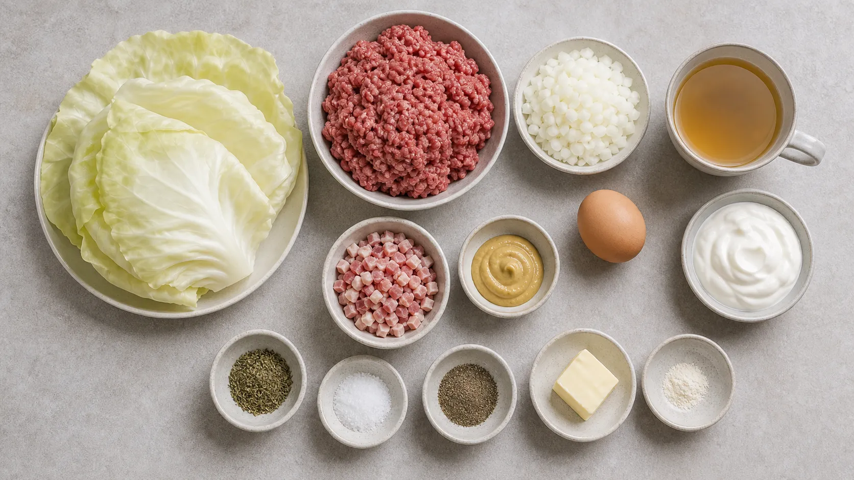 Zutaten für Keto-Kohlrouladen: Weißkohlblätter, Hackfleisch, Zwiebel, Ei, Senf und Speckwürfel