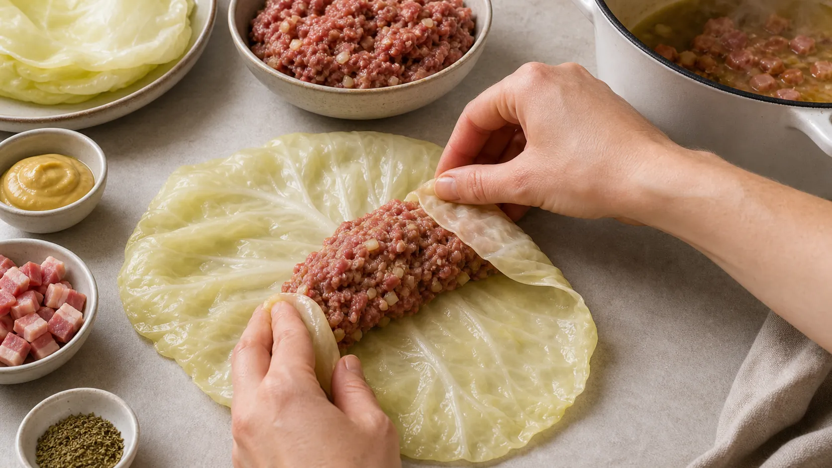 Ein Weißkohlblatt wird mit Hackfleischfüllung belegt und zu einer Roulade gerollt