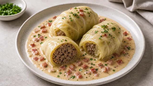 Zwei Keto-Kohlrouladen aus Weißkohl in heller Rahmsauce auf einem Teller, mit Petersilie bestreut