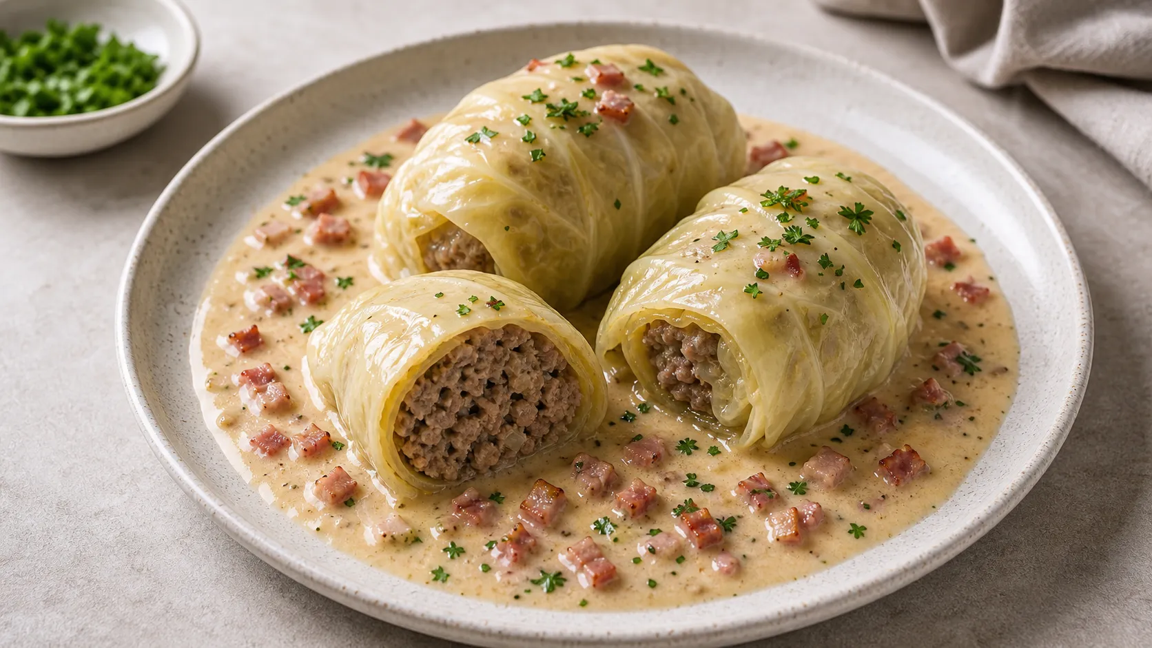 Zwei Keto-Kohlrouladen aus Weißkohl in heller Rahmsauce auf einem Teller, mit Petersilie bestreut