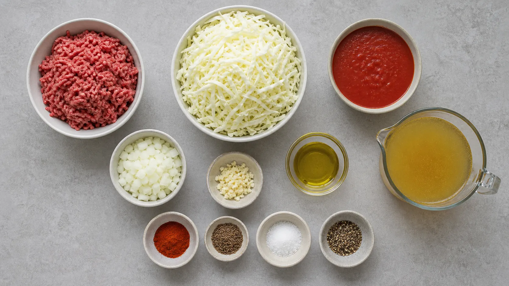 Zutaten für Keto-Kohlsuppe: Rinderhack, Weißkohl, passierte Tomaten, Zwiebel, Knoblauch und Brühe