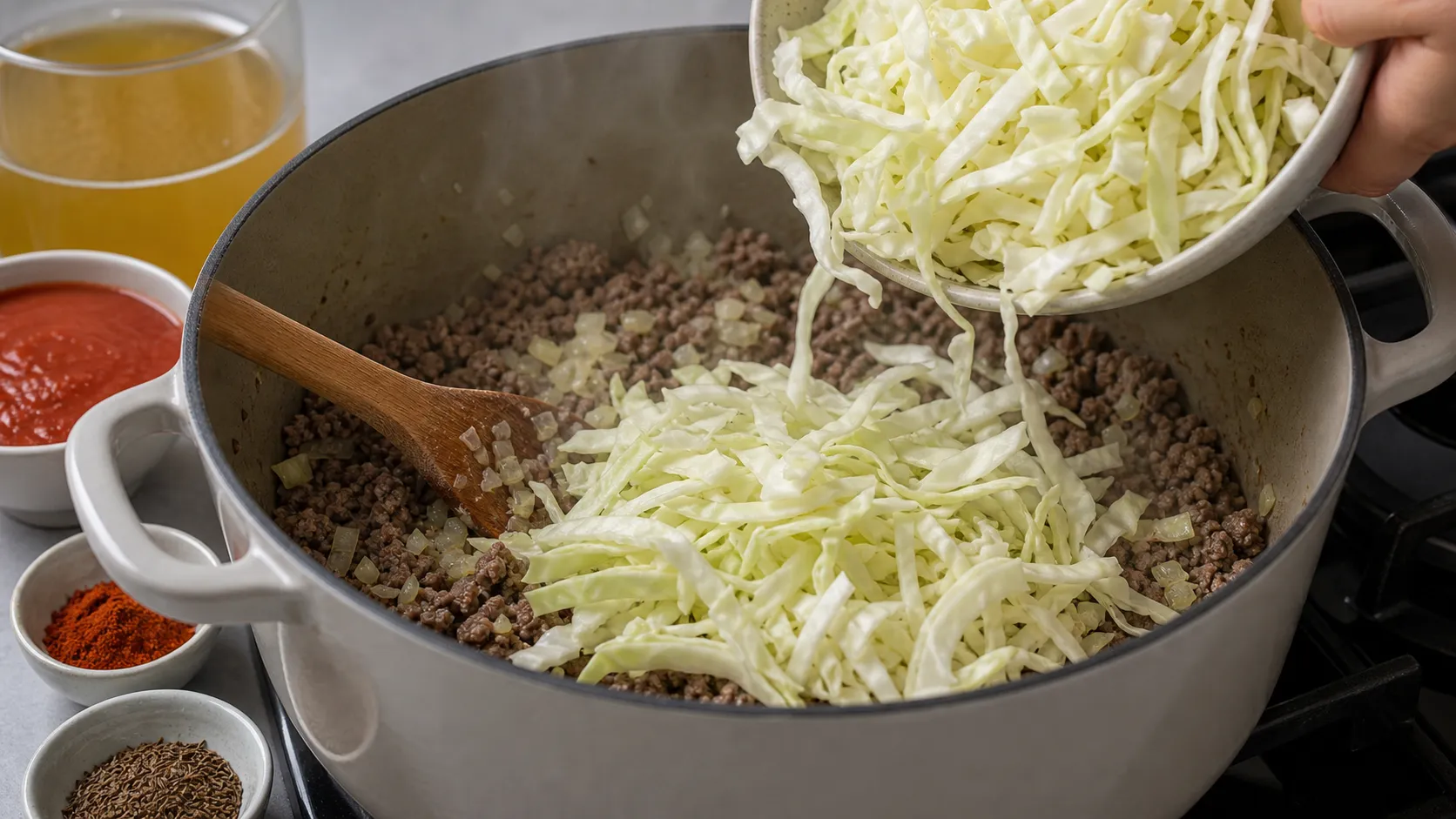 Rinderhack wird mit Zwiebeln angebraten, bevor Weißkohl und Brühe in den Topf kommen