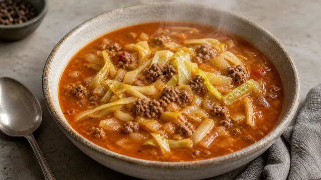 Herzhafte Keto-Kohlsuppe mit Rinderhack, Weißkohl und Tomate in einem tiefen Teller