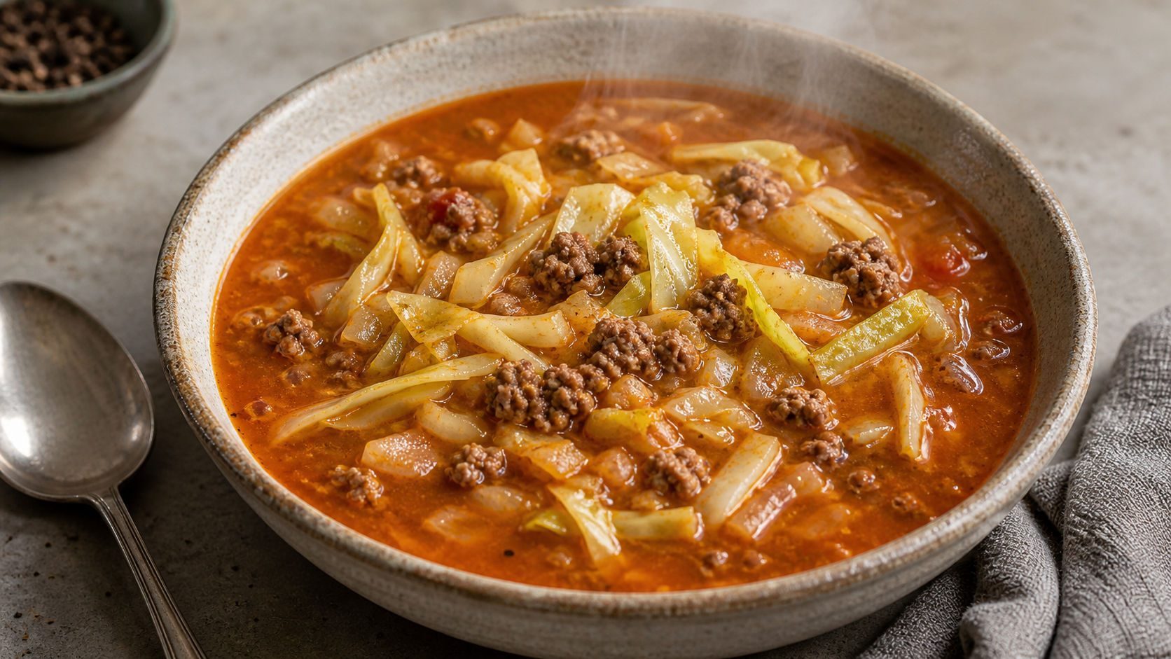 Herzhafte Keto-Kohlsuppe mit Rinderhack, Weißkohl und Tomate in einem tiefen Teller