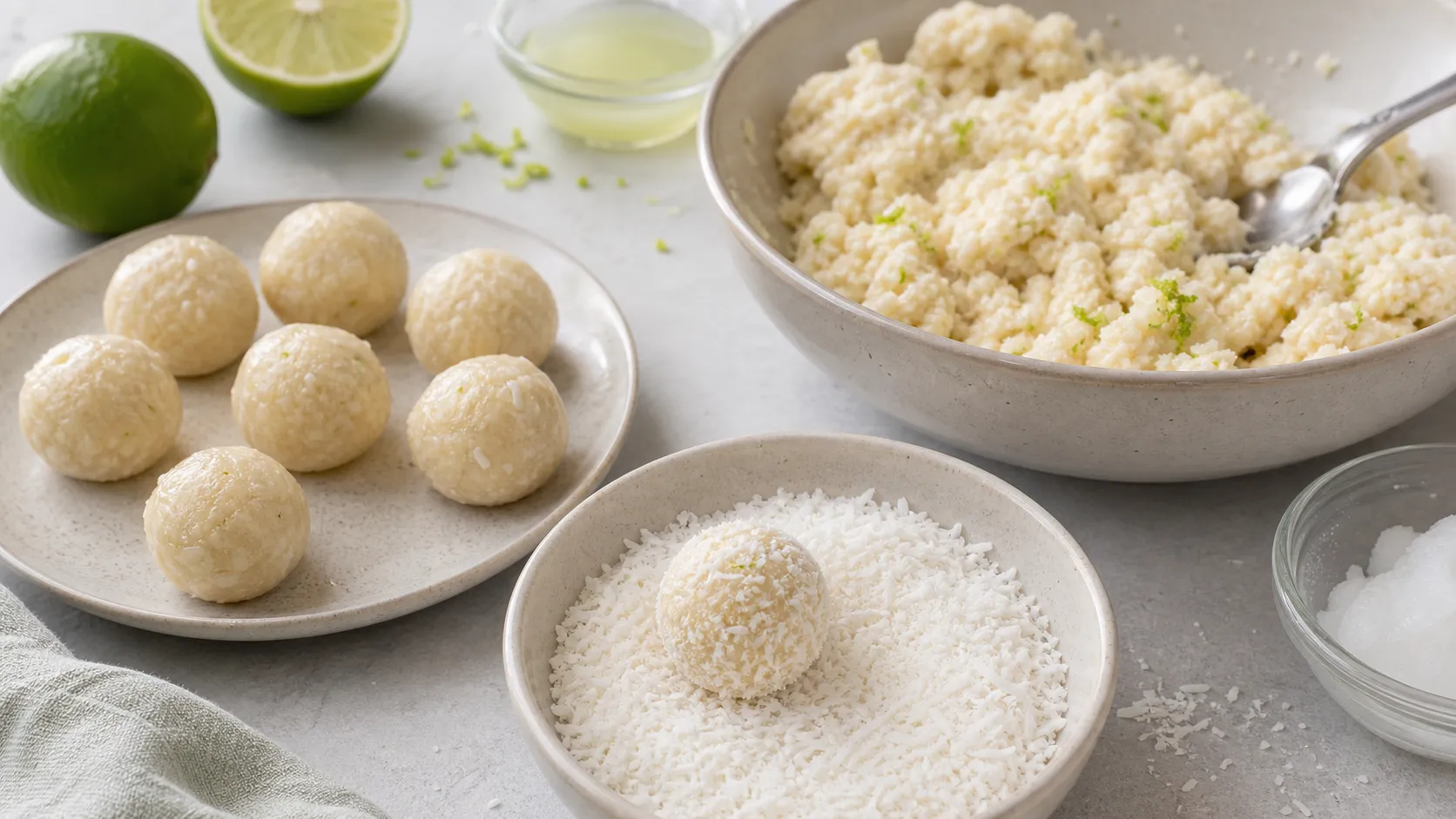 Die Kokosmasse wird zu kleinen Kugeln gerollt und in Kokosraspeln gewälzt