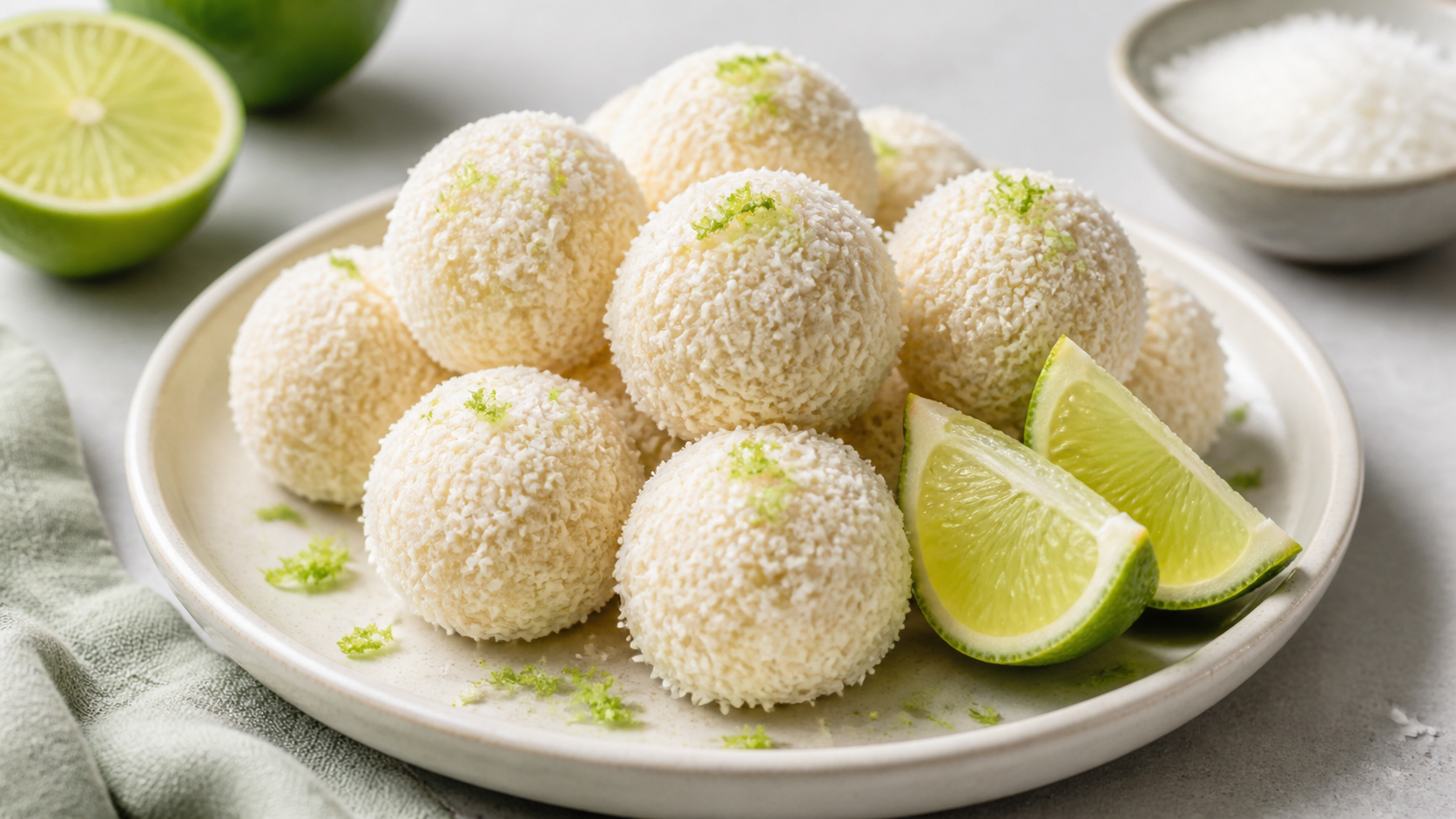 Keto Kokos-Limetten-Energiekugeln in Kokosraspeln gewälzt auf einem Teller mit Limettenspalten
