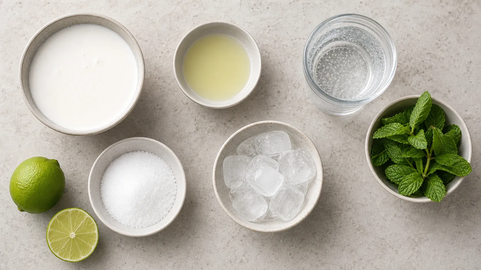 Zutaten für den Keto-Mocktail: Kokosmilch, Limetten, frische Minze, Erythrit, Sprudelwasser und Eiswürfel