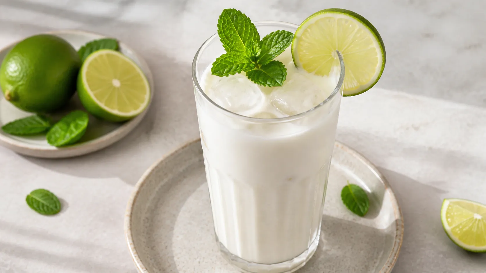Cremiger Keto-Mocktail aus Kokosmilch und Limette mit Minzzweig und Limettenscheibe im Glas mit Eis
