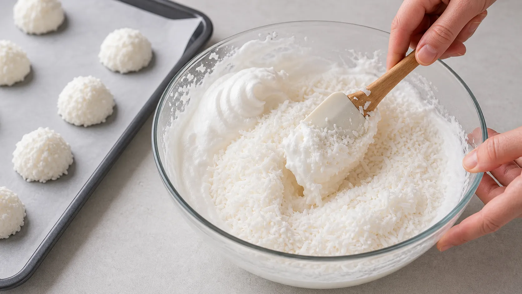 Kokosraspeln werden vorsichtig unter steifen Eischnee gehoben