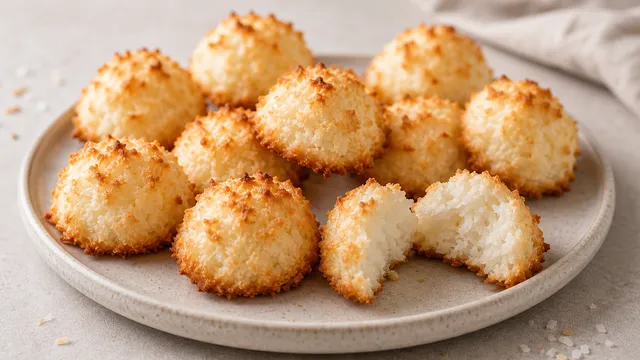 Keto Kokos-Makronen goldbraun gebacken auf einem Teller
