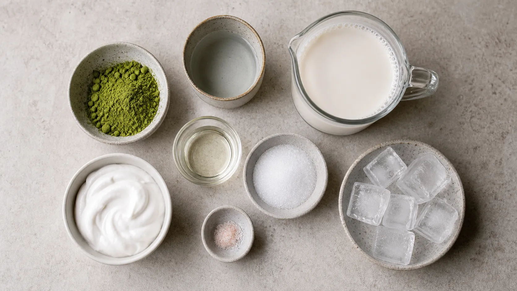 Zutaten für Keto Kokos-Matcha-Latte mit Matcha, Mandelmilch, Kokoscreme, MCT-Öl und Eis