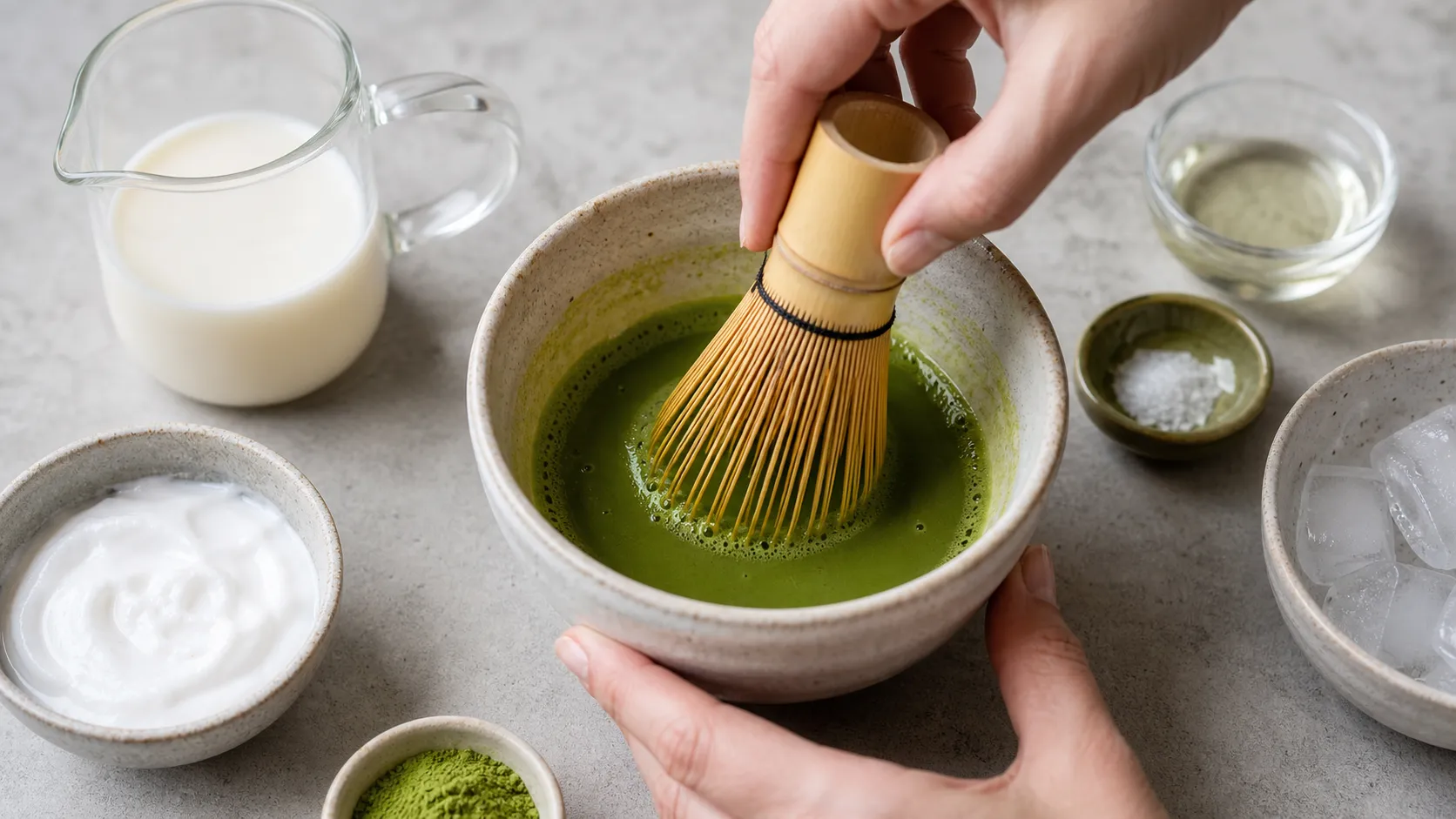 Matcha wird mit warmem Wasser für einen Keto Kokos-Matcha-Latte aufgeschlagen