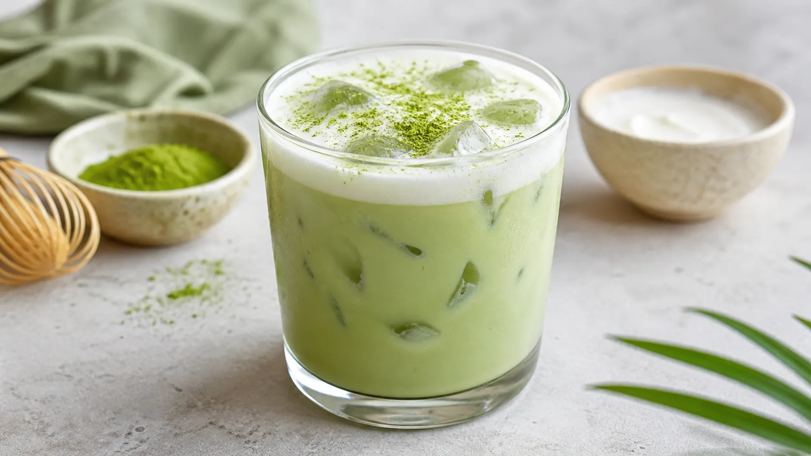 Kalter Keto Kokos-Matcha-Latte mit Mandelmilch, Kokoscreme und Eiswürfeln im Glas