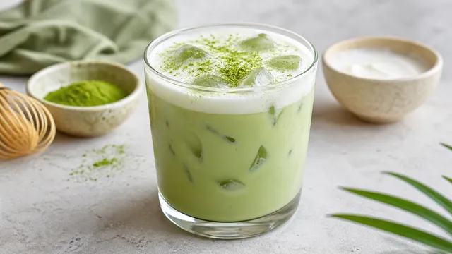 Kalter Keto Kokos-Matcha-Latte mit Mandelmilch, Kokoscreme und Eiswürfeln im Glas