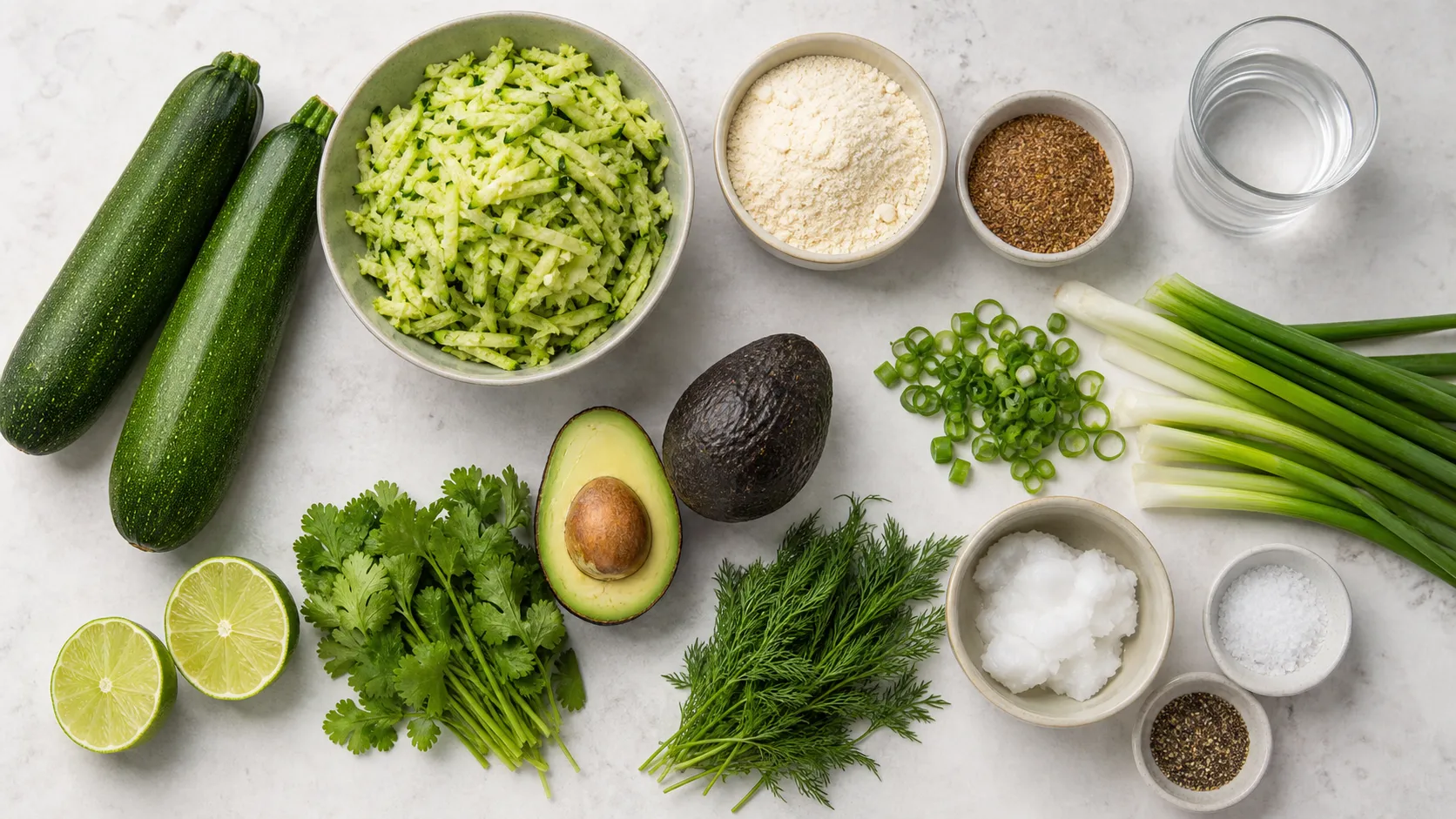 Zutaten für vegane Keto-Zucchini-Puffer mit Zucchini, Kokosmehl, gemahlenen Leinsamen und Avocado