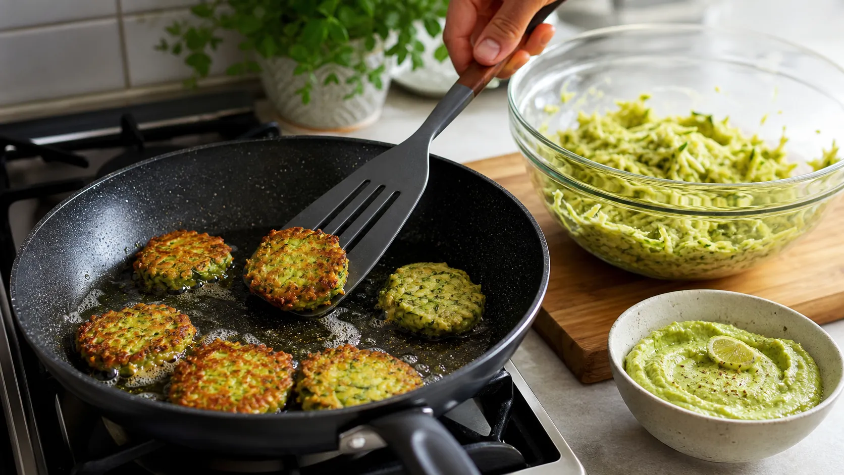 Vegane Zucchini-Puffer braten in der Pfanne in Kokosöl mit vorbereiteter Avocado-Creme
