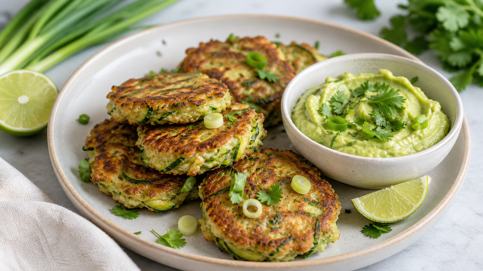 Vegane Keto-Zucchini-Puffer aus Kokosmehl mit Avocado-Limetten-Creme und Koriander auf einem Teller