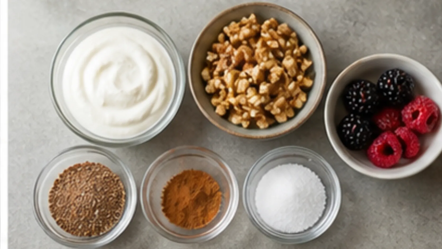 Zutaten für Keto-Kokosjoghurt mit Walnüssen, Leinsamen, Zimt, Erythrit und Beeren