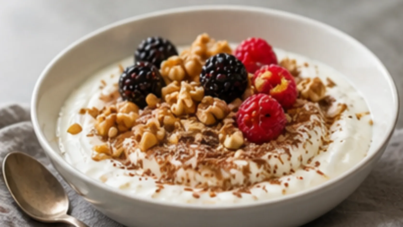 Keto-Kokosjoghurt in einer Schale mit Walnüssen, Leinsamen, Zimt und Beeren