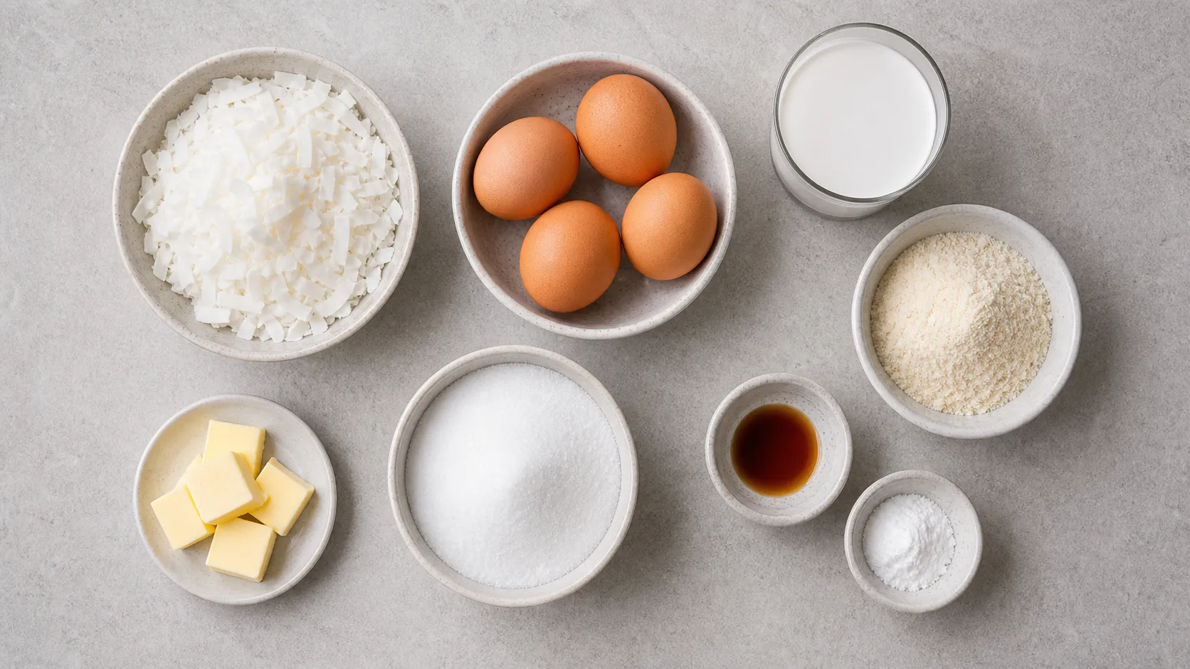 Zutaten für Keto Kokoskuchen: Kokosraspeln, Kokosmehl, Eier, Butter und Kokosmilch