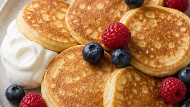 Keto-Kokosmehl-Pfannkuchen mit Beeren fertig angerichtet als ketogenes Rezept