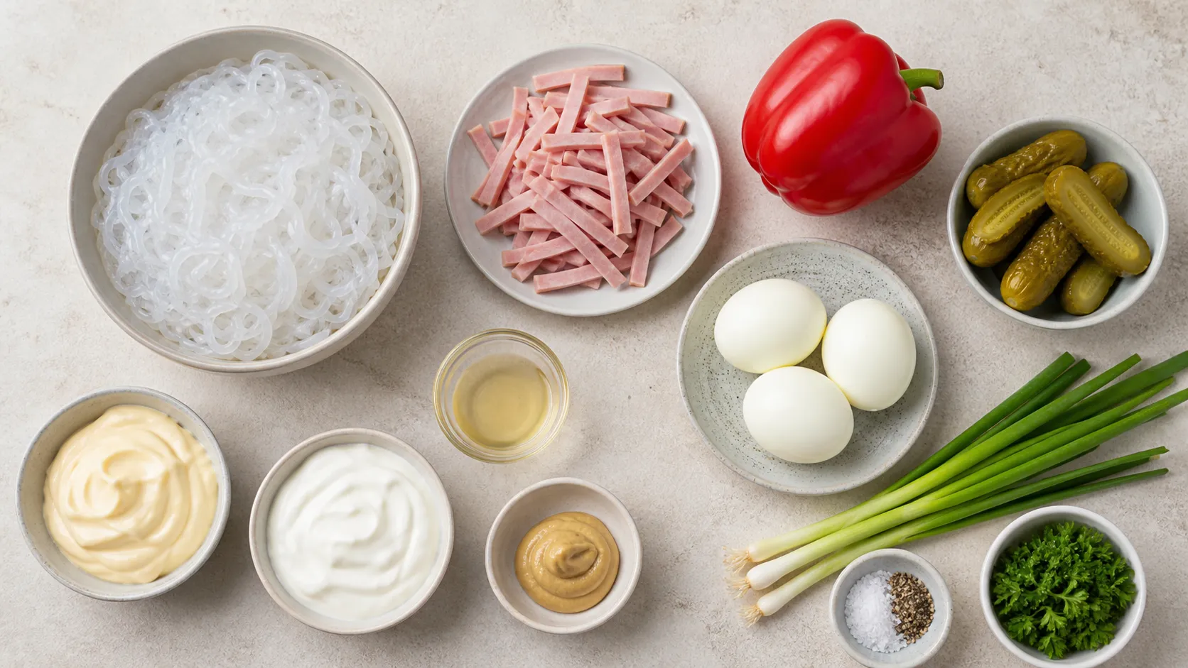 Zutaten für Keto Konjak-Nudelsalat: Konjaknudeln, Kochschinken, rote Paprika, Gewürzgurken, Eier, Mayonnaise und Schmand