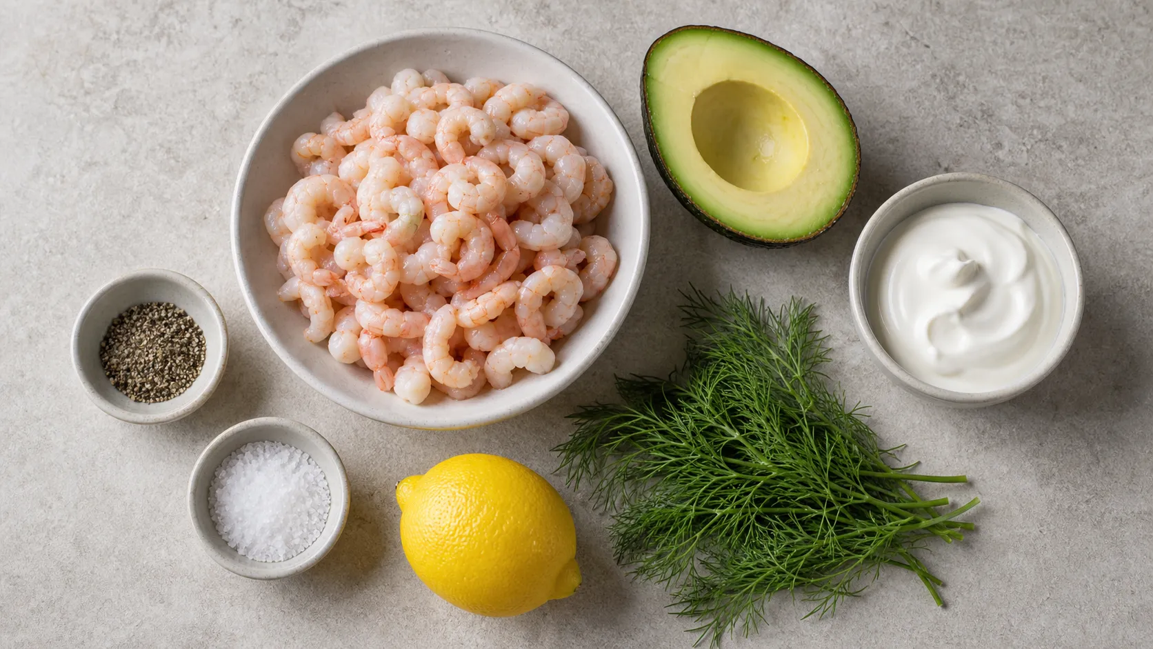 Zutaten für Keto Krabbensalat mit Nordseekrabben, Avocado, Schmand, Dill, Zitrone, Salz und Pfeffer