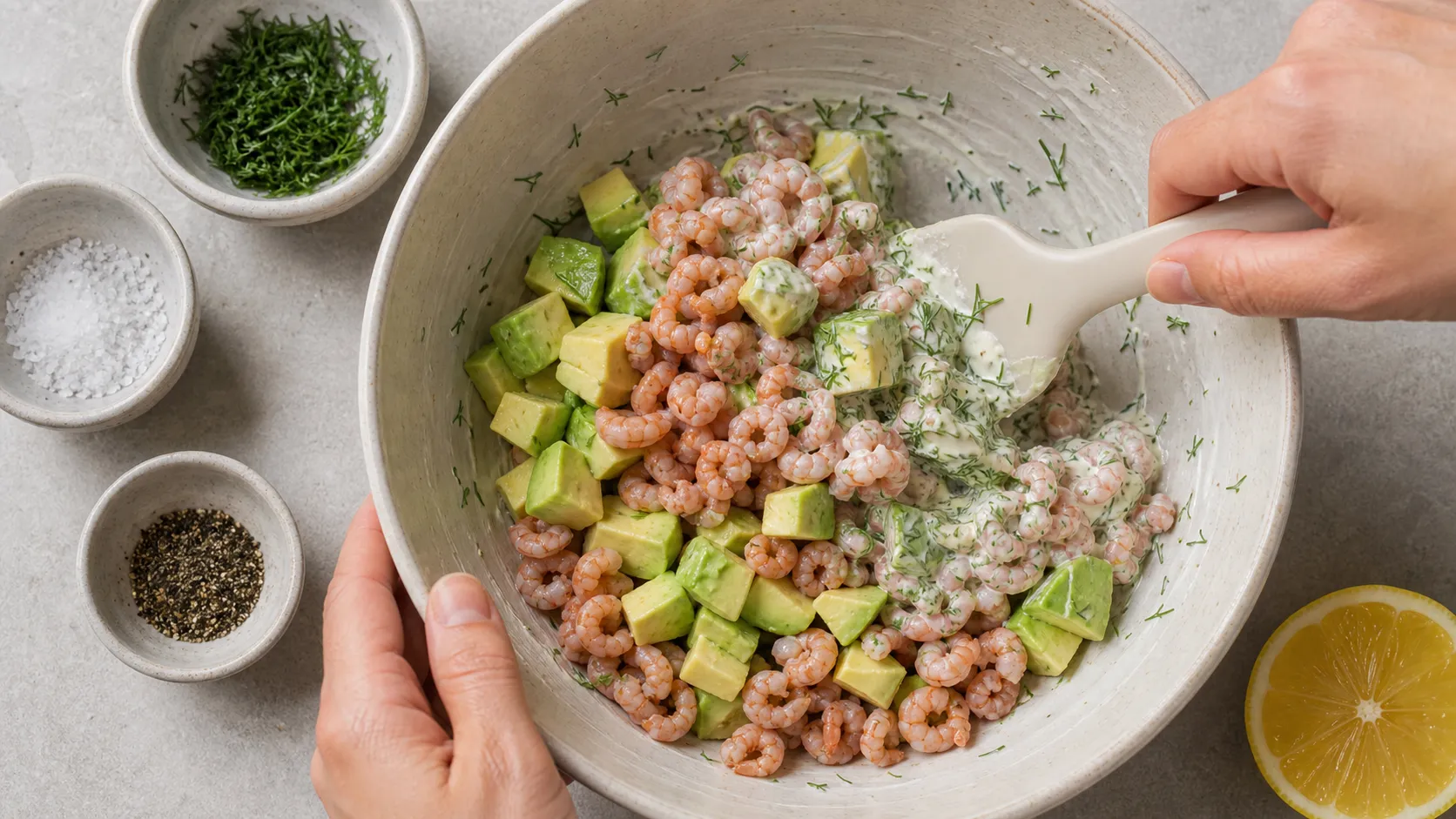 Nordseekrabben und Avocado werden mit Schmand und Dill für Keto Krabbensalat vermengt