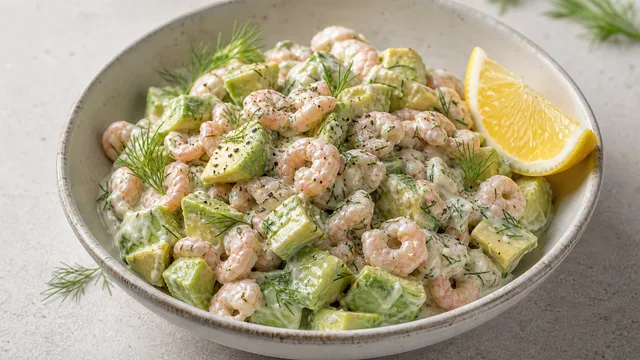 Keto Krabbensalat mit Nordseekrabben, Avocado, Schmand, Dill und Zitrone in einer Schale