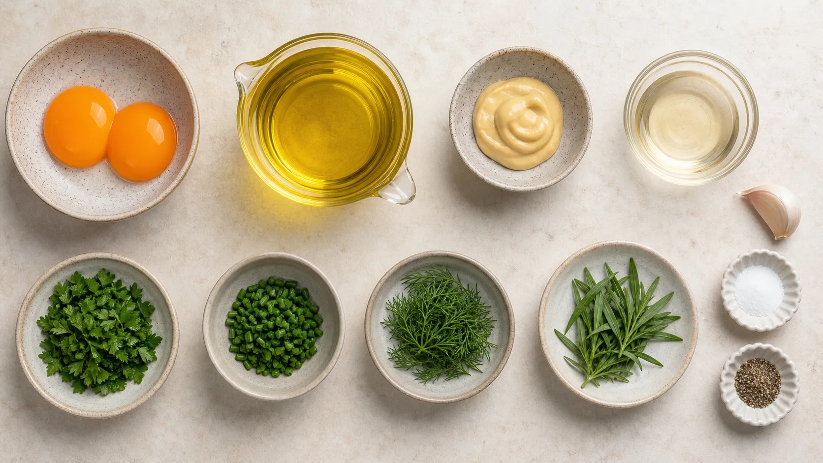 Zutaten für Keto Kräuter-Mayonnaise: Eigelb, Rapsöl, Dijon-Senf, Essig und frische Kräuter