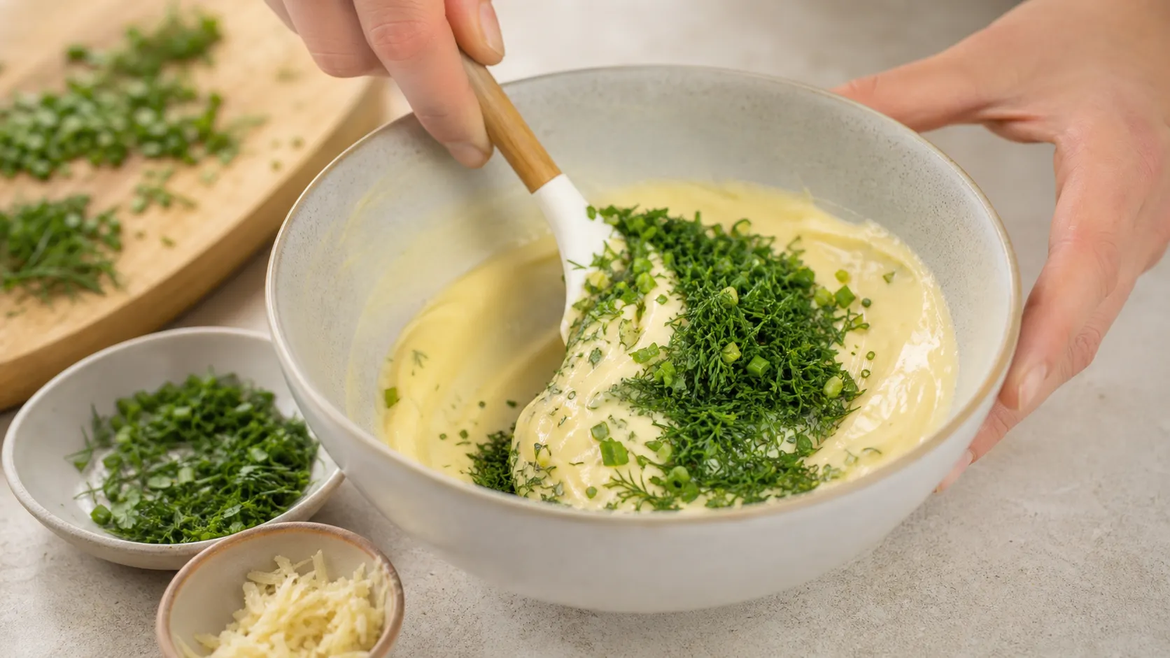 Fein gehackte Kräuter werden unter die fertige Mayonnaise gehoben