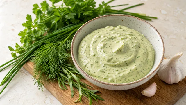 Grüne Keto Kräuter-Mayonnaise in einer Schale mit frischen Kräutern daneben
