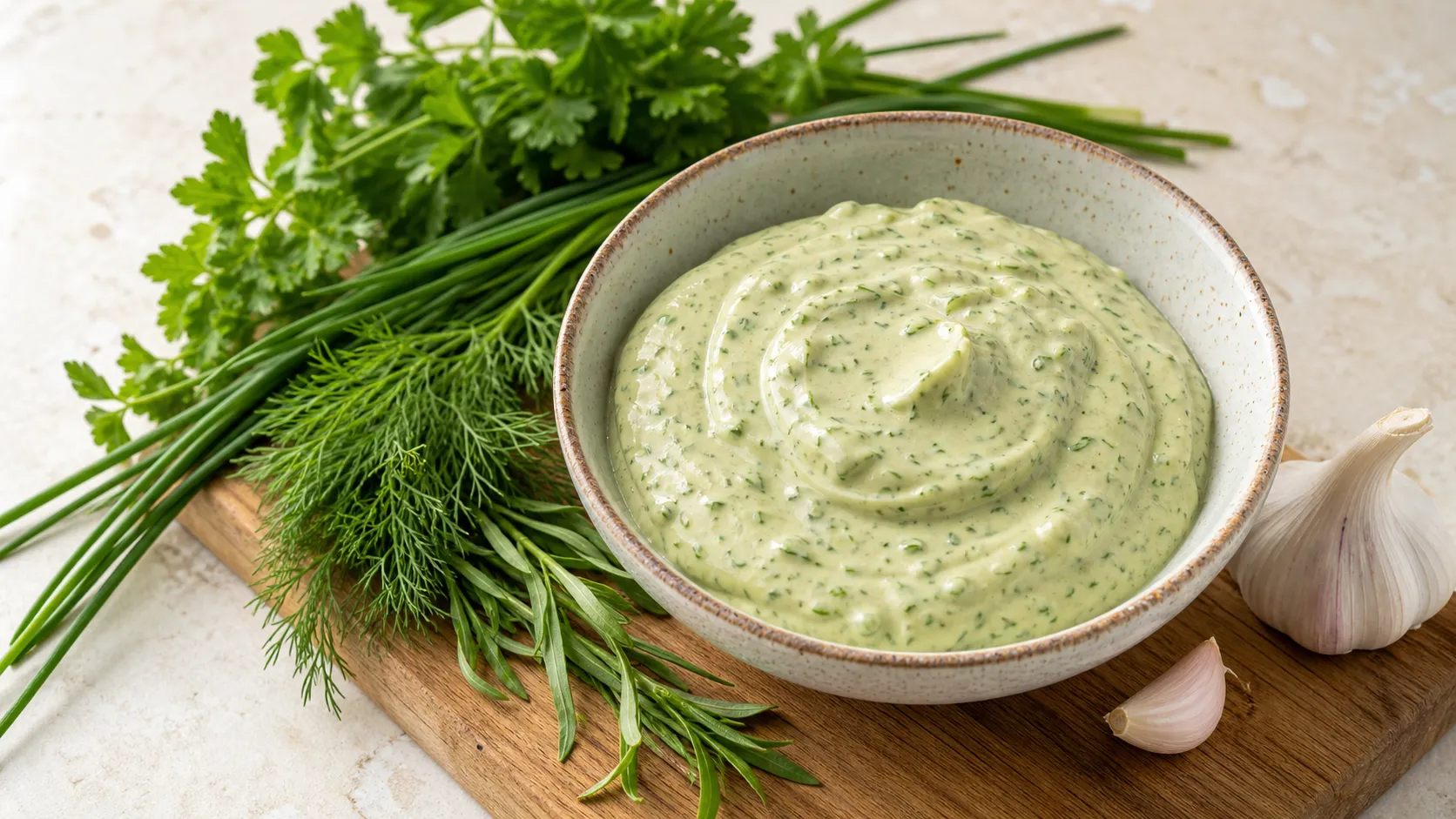 Grüne Keto Kräuter-Mayonnaise in einer Schale mit frischen Kräutern daneben