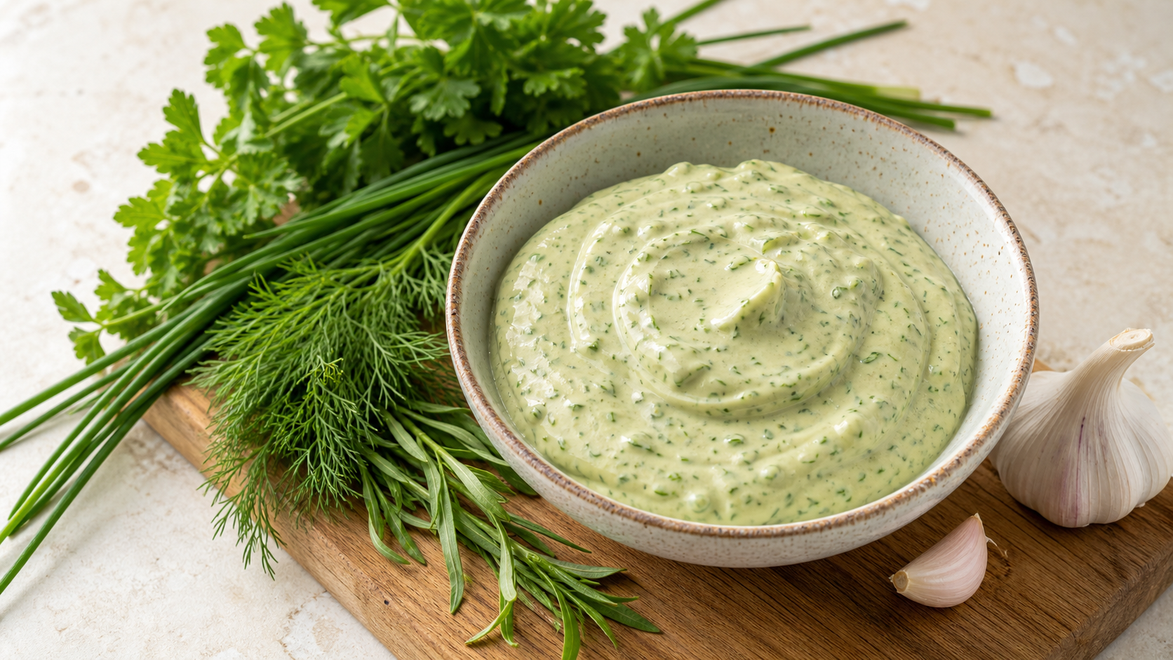 Grüne Keto Kräuter-Mayonnaise in einer Schale mit frischen Kräutern daneben