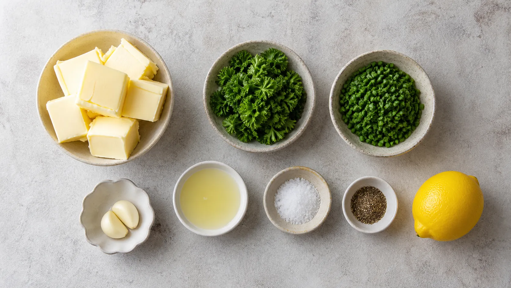 Zutaten für Keto-Kräuterbutter: weiche Butter, glatte Petersilie, Schnittlauch, Knoblauchzehen, Zitrone, Salz und Pfeffer
