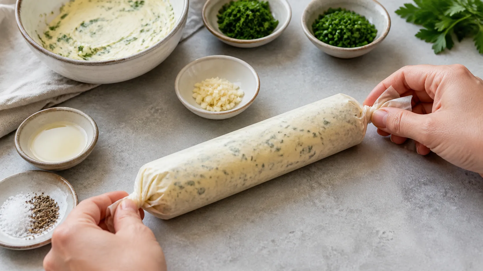 Kräuterbutter wird in Backpapier zu einer Rolle geformt und an den Enden eingedreht