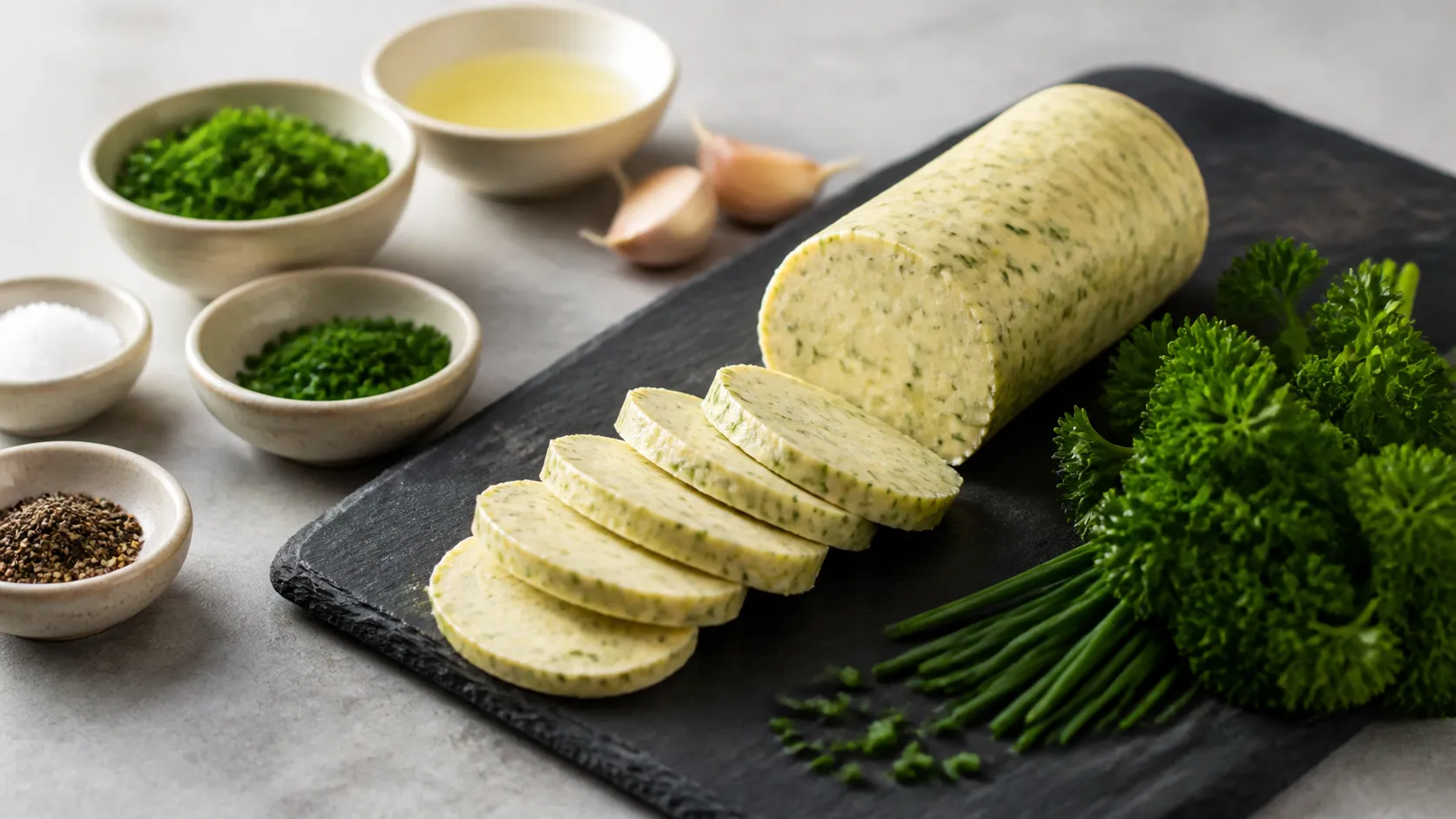 Aufgeschnittene Rolle Keto-Kräuterbutter in Scheiben auf einem Schieferbrett, daneben Petersilie und Schnittlauch